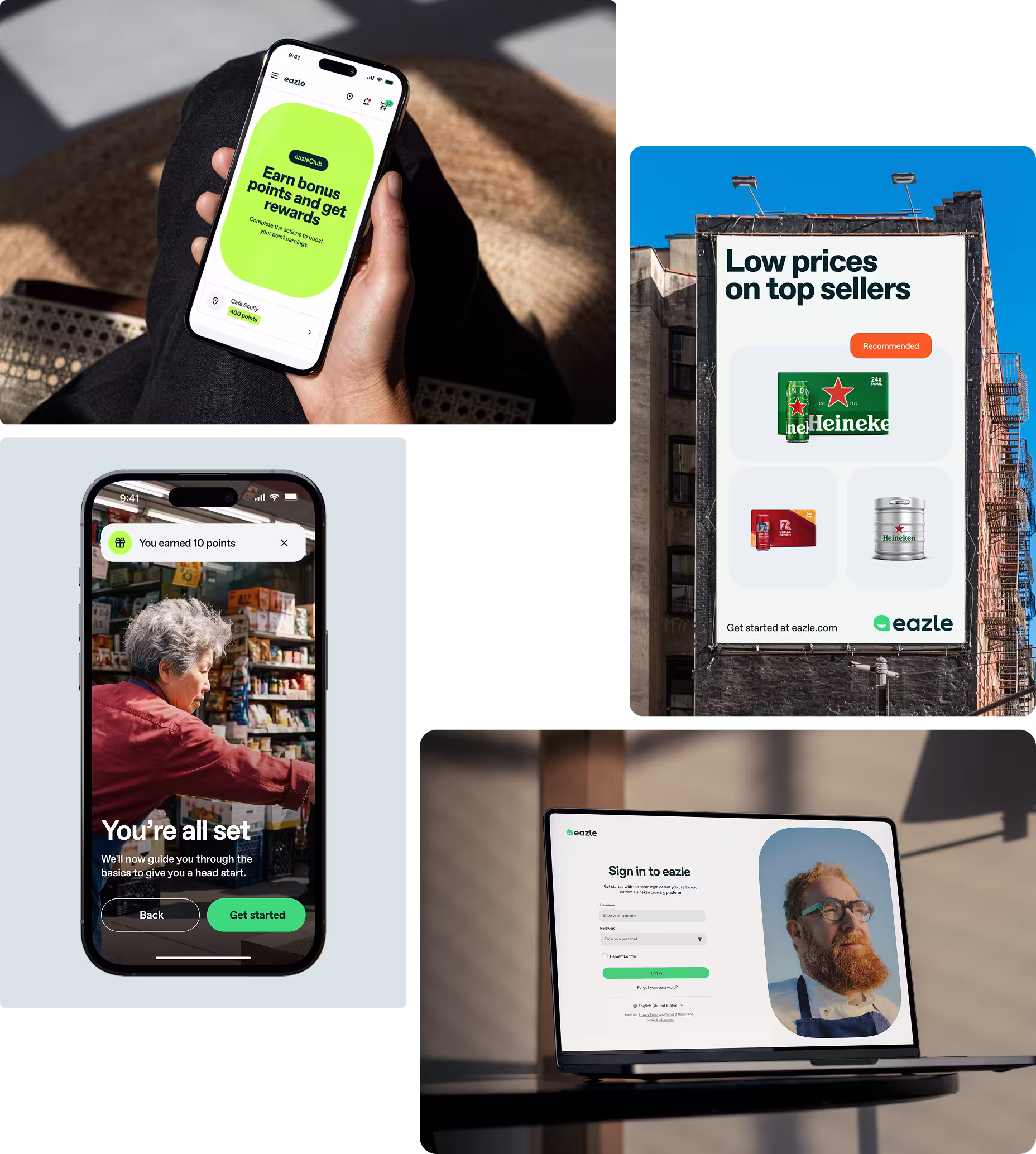 Eazle app on phone and laptop, with a billboard campaign